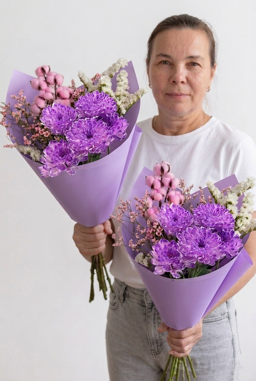 Сборный букет из сиреневых хризантем и хлопка