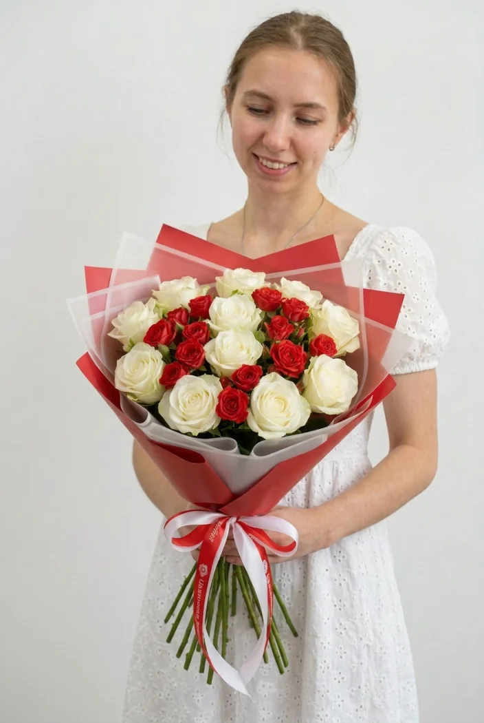 Букет из кустовых красных и одноголовых белых роз